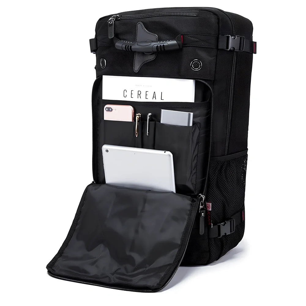 Multifunctional travel bag with multiple compartments in black, green, or blue colours showing 40L and 50L size options