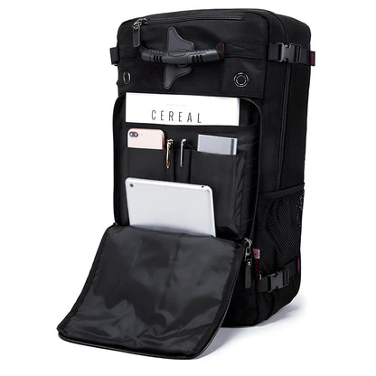 Multifunctional travel bag with multiple compartments in black, green, or blue colours showing 40L and 50L size options