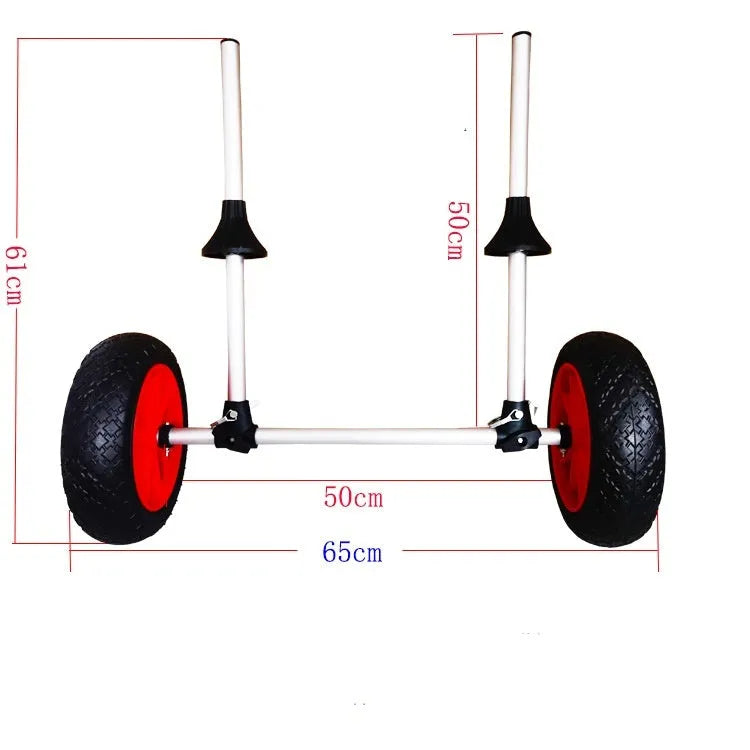 Foldable aluminium kayak beach trailer with rubber wheels and an upright plug-in pole for boat transport.