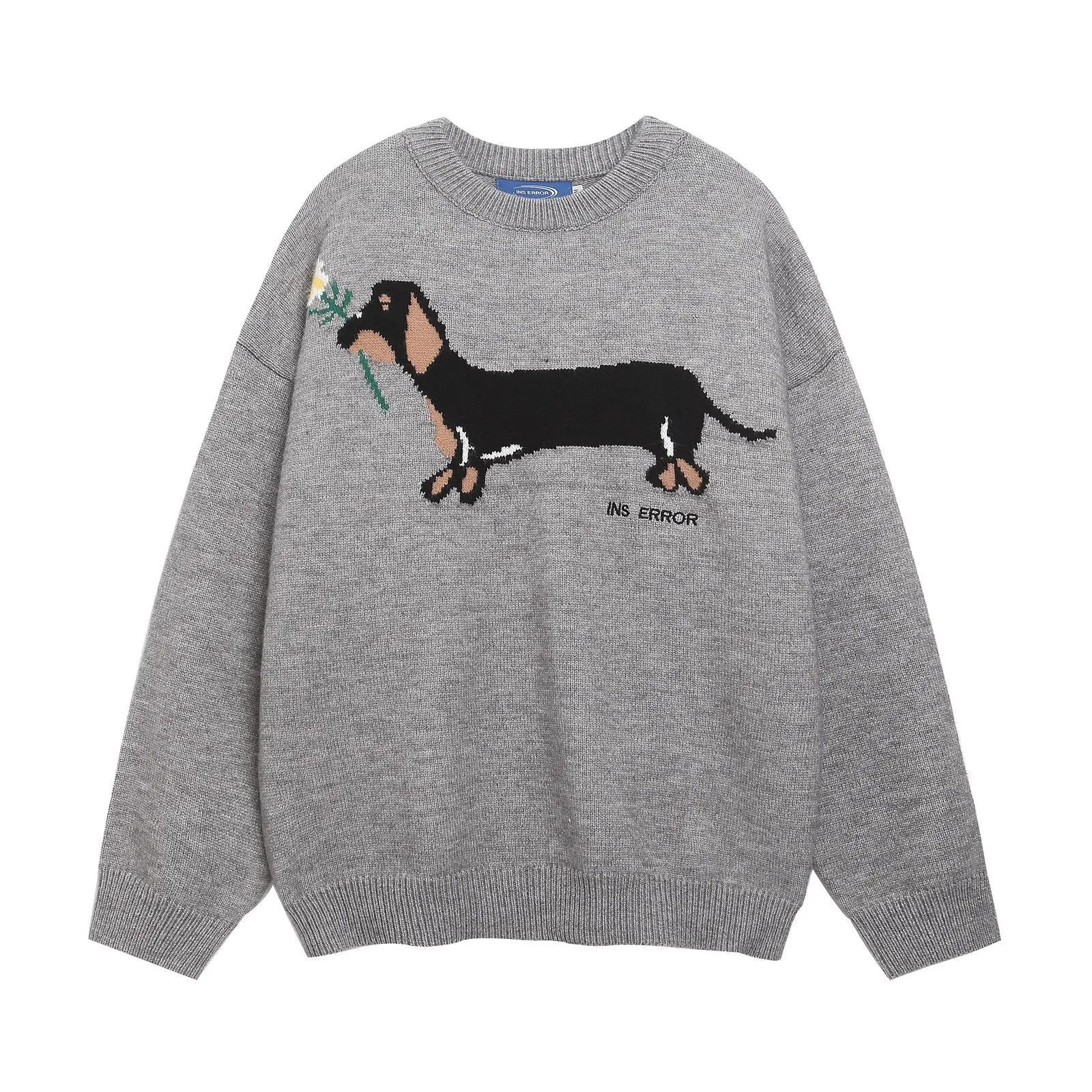 American retro sausage puppy jacquard round neck sweater pullover in gray, loose fit acrylic casual top for teenagers