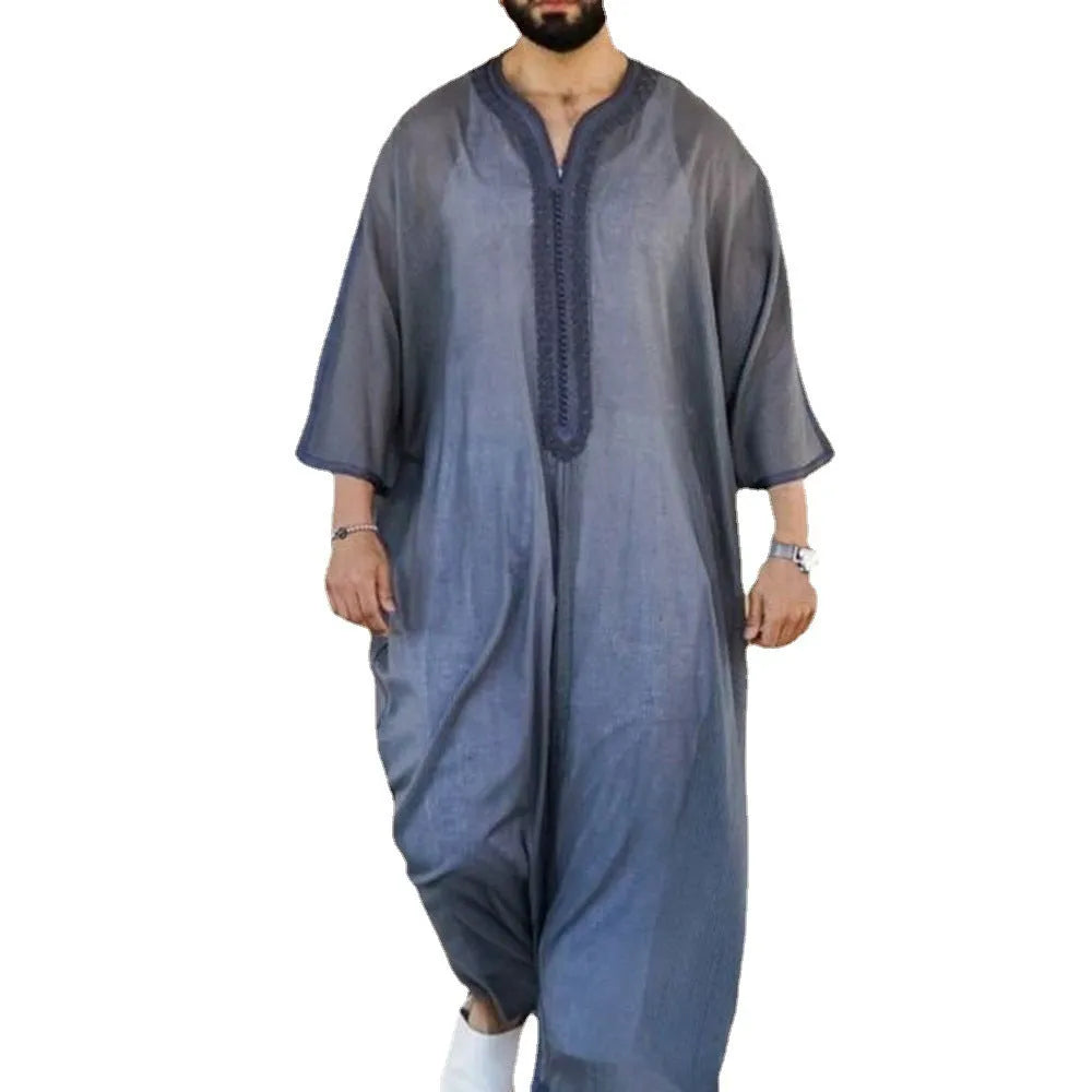 Mens grey linen cotton loose pullover Muslim robe on model