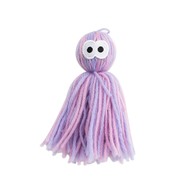 Cat toy wool ball with teaser stick attachment in blue grey colour option