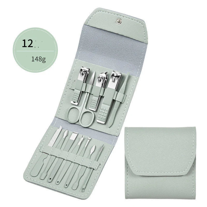 Professional Nail Care Set with stainless steel tools in a leather case