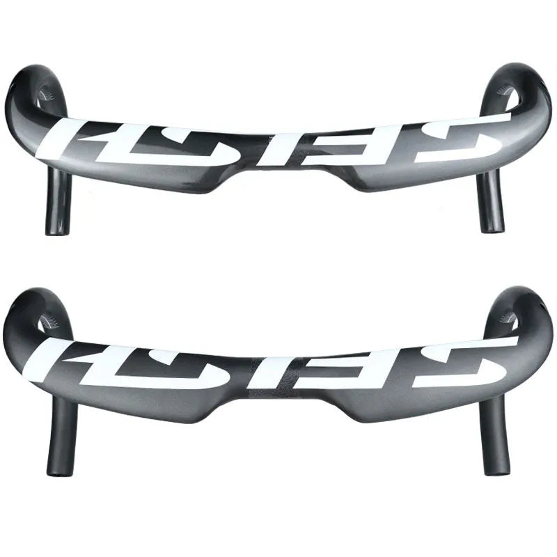 Carbon fibre road bike drop handlebar showing 31.8mm clamp, available in 380mm, 400mm, 420mm, and 440mm widths.