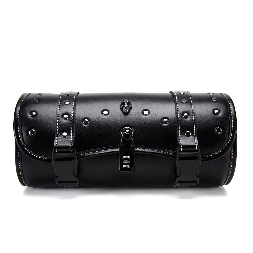 Black punk style retro motorcycle pannier saddle bag made from PU leather, mounted on a bike frame.