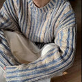 Men's retro multi-coloured stripe knitted sweater, round neck pullover, loose fit, cotton blend and rabbit fur