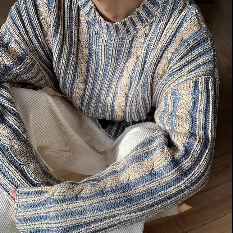 Men's retro multi-coloured stripe knitted sweater, round neck pullover, loose fit, cotton blend and rabbit fur
