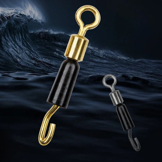 Silicone-coated wire clip swivel pin fishing accessory showing rotation mechanism and fishhook attachment point