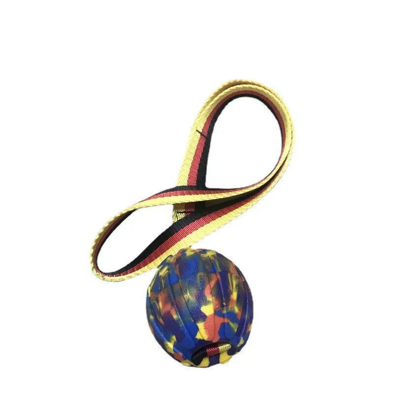 Camouflage and yellow EVA floating dog tetherball toys with string in 6.5cm, 7cm, and 9cm sizes.
