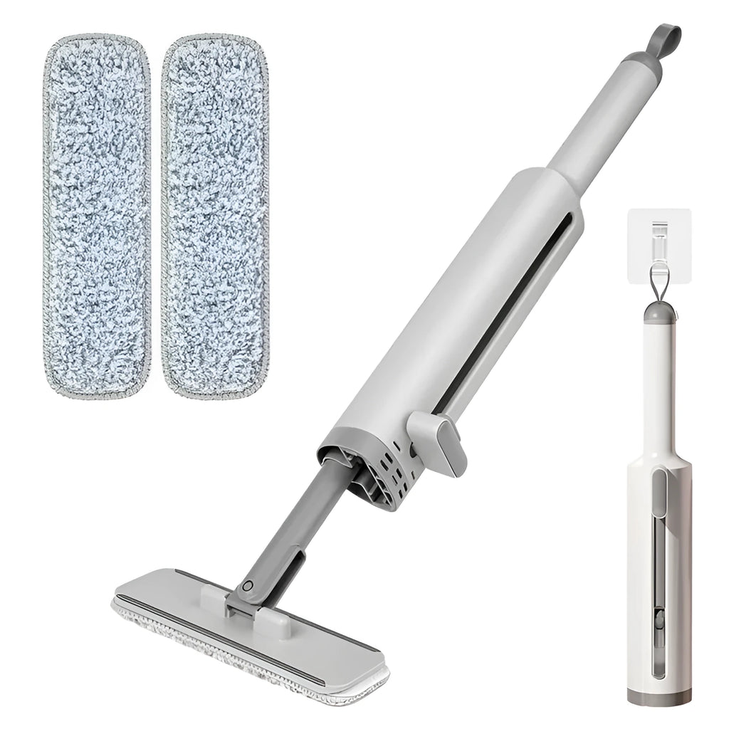 Pink self-squeezing flat mop with rotatable head and microfiber pads for floor cleaning