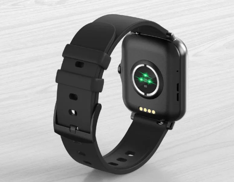 Black smart watch with 1.7-inch colour touch screen on an adjustable strap, showing Bluetooth call and fitness tracking interface.