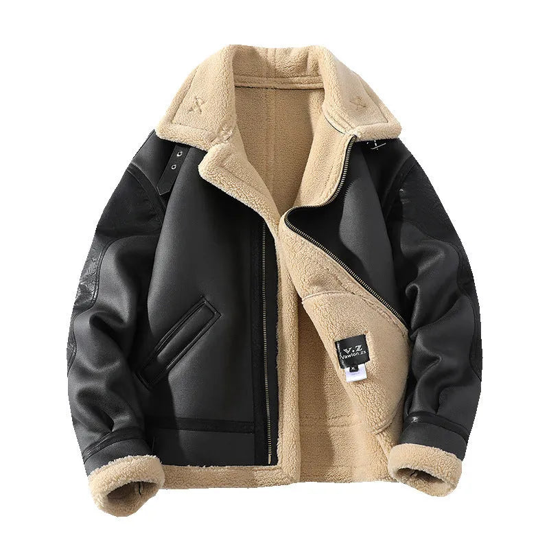 Men's winter fleece-lined short sheepskin PU leather coat in black, retro style, sizes M to 5XL