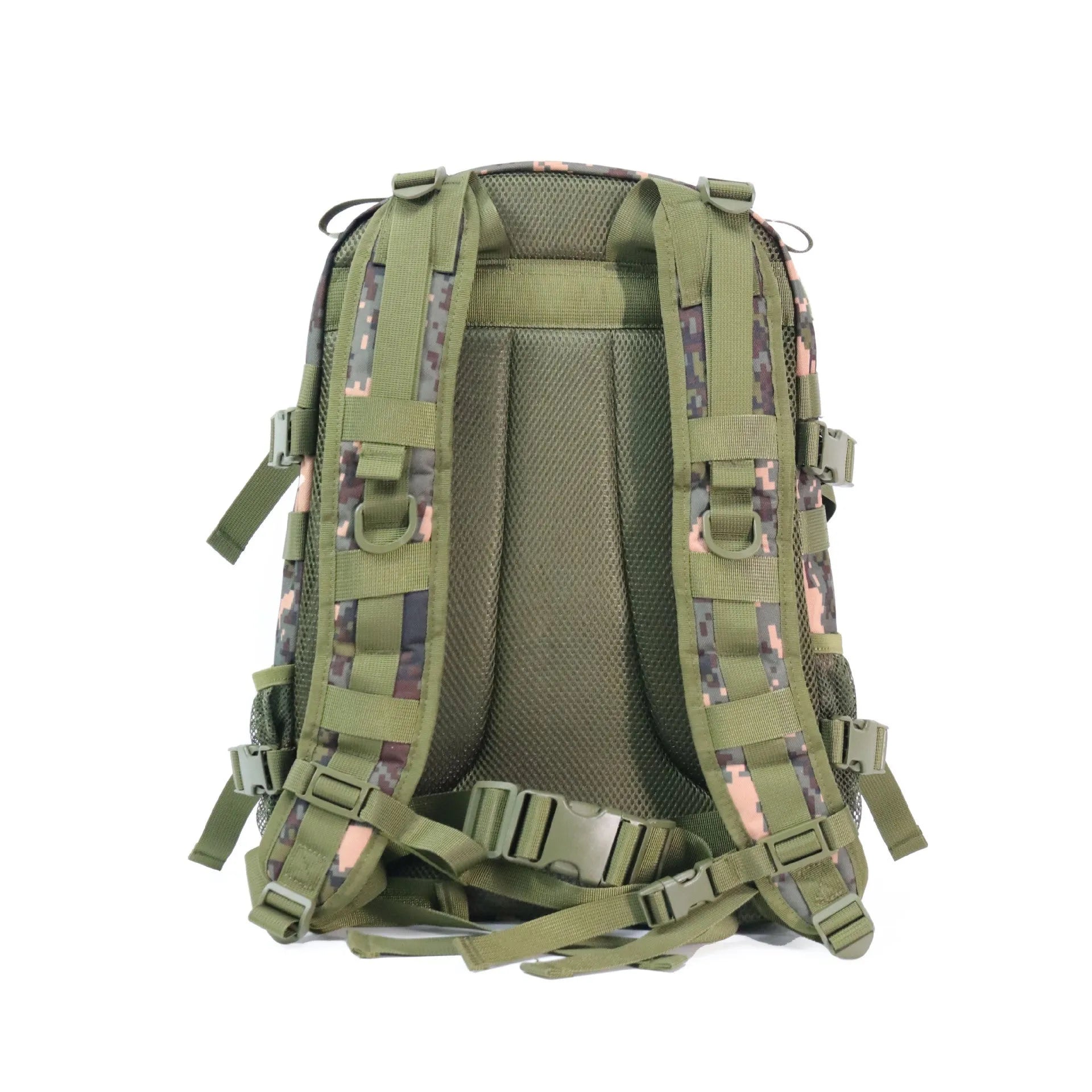 Camouflage pattern waterproof outdoor rucksack with dimensions 30x15x46cm showing air pillow belt system