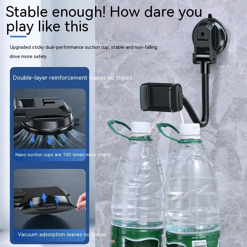 Universal rotating metal car phone bracket in black with double supercharged fast charging and multi-angle adjustment