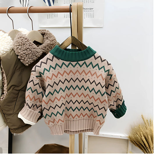Children's long-sleeve wool sweater in apricot or brown, sizes 90-140cm with measurements length 36-52cm bust 54-74cm sleeve 31-47cm