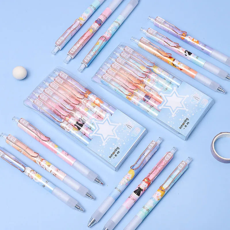 Six constellation-themed 0.5mm press gel pens with zodiac designs in plastic shells