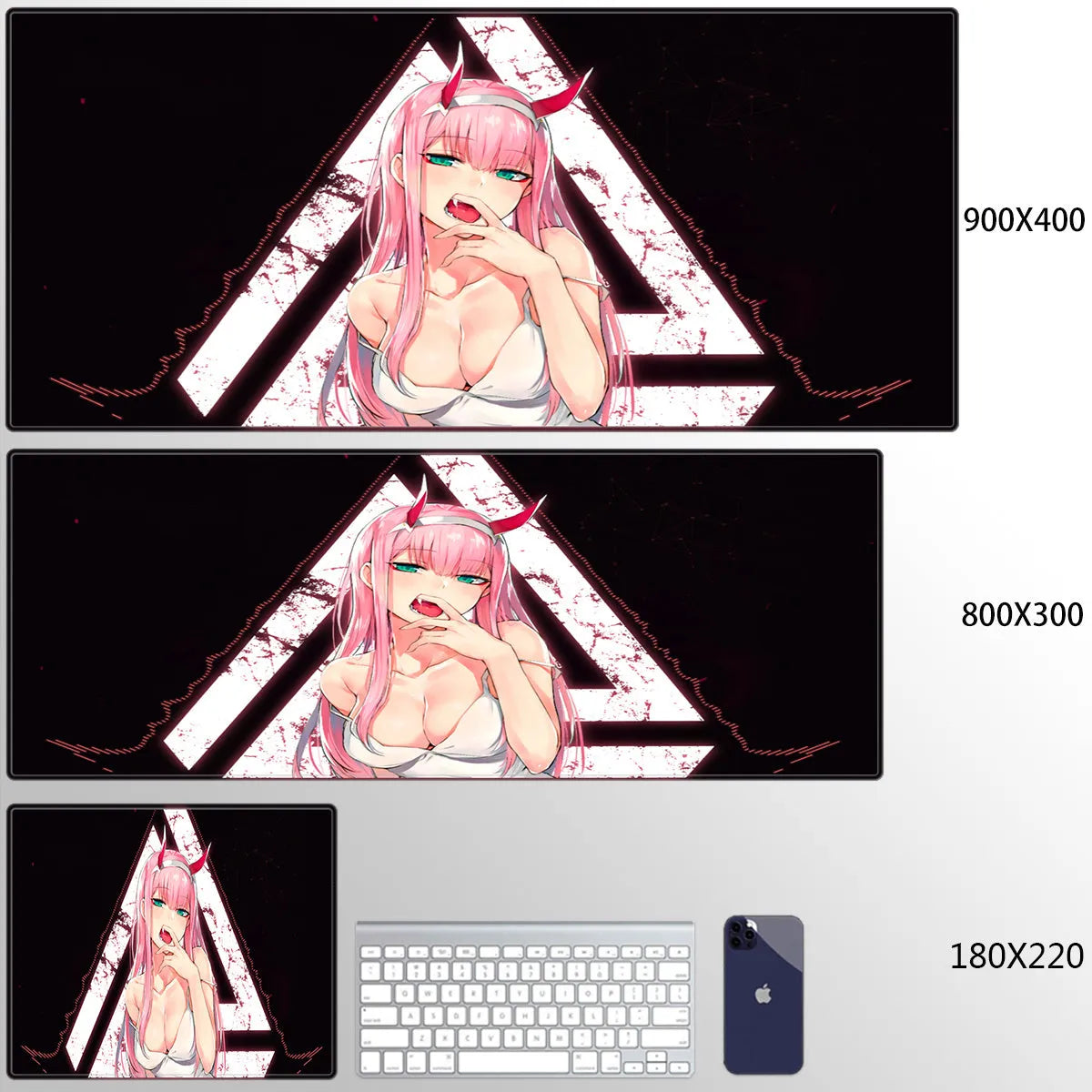 Pink Darling anime cloth keyboard mat on a desk with a mouse and keyboard