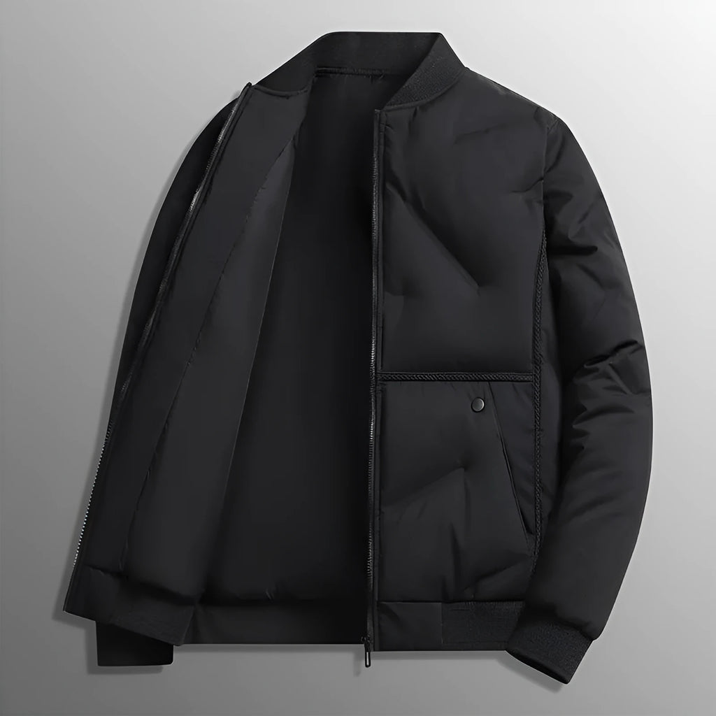 Loose thick cotton-padded coat with stand-up collar in neutral colours for winter warmth