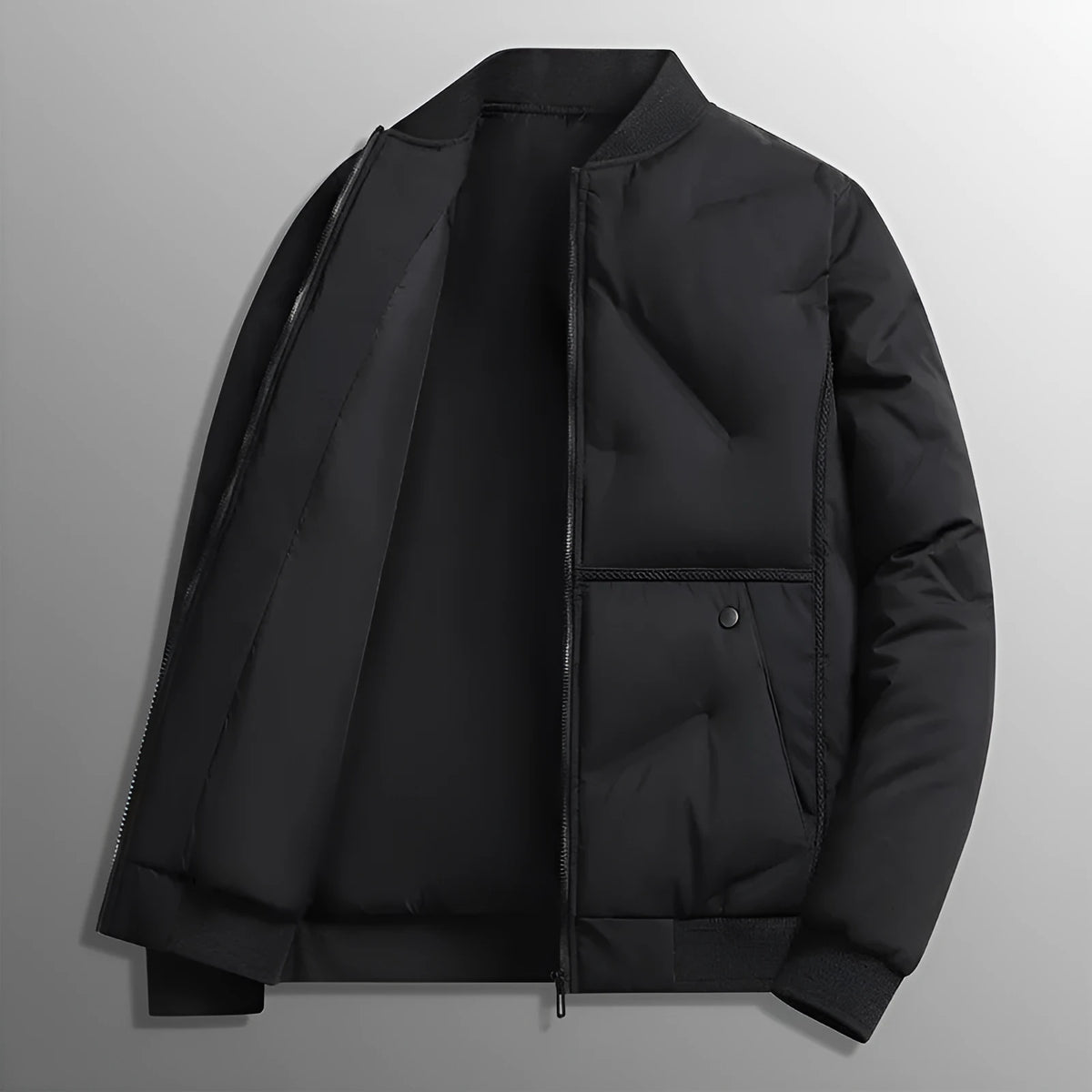 Loose thick cotton-padded coat with stand-up collar in neutral colours for winter warmth