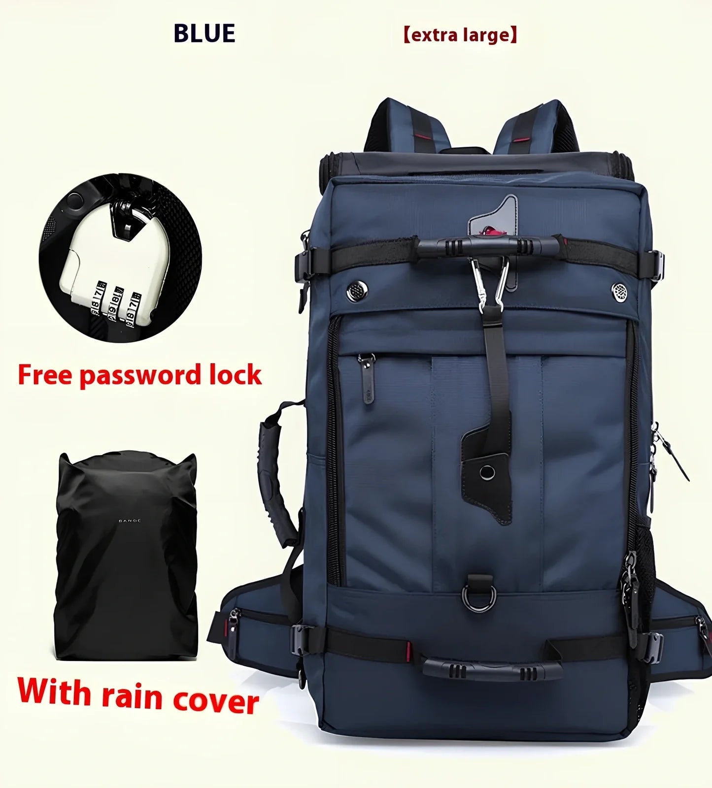Multifunctional travel bag with multiple compartments in black, green, or blue colours showing 40L and 50L size options