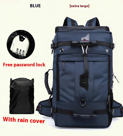 Multifunctional travel bag with multiple compartments in black, green, or blue colours showing 40L and 50L size options