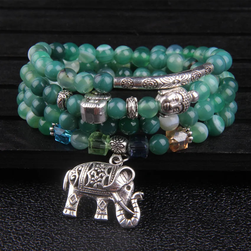 Multi-layer agate bracelet with 6mm beads showing blue elephant pattern on natural crystal stone