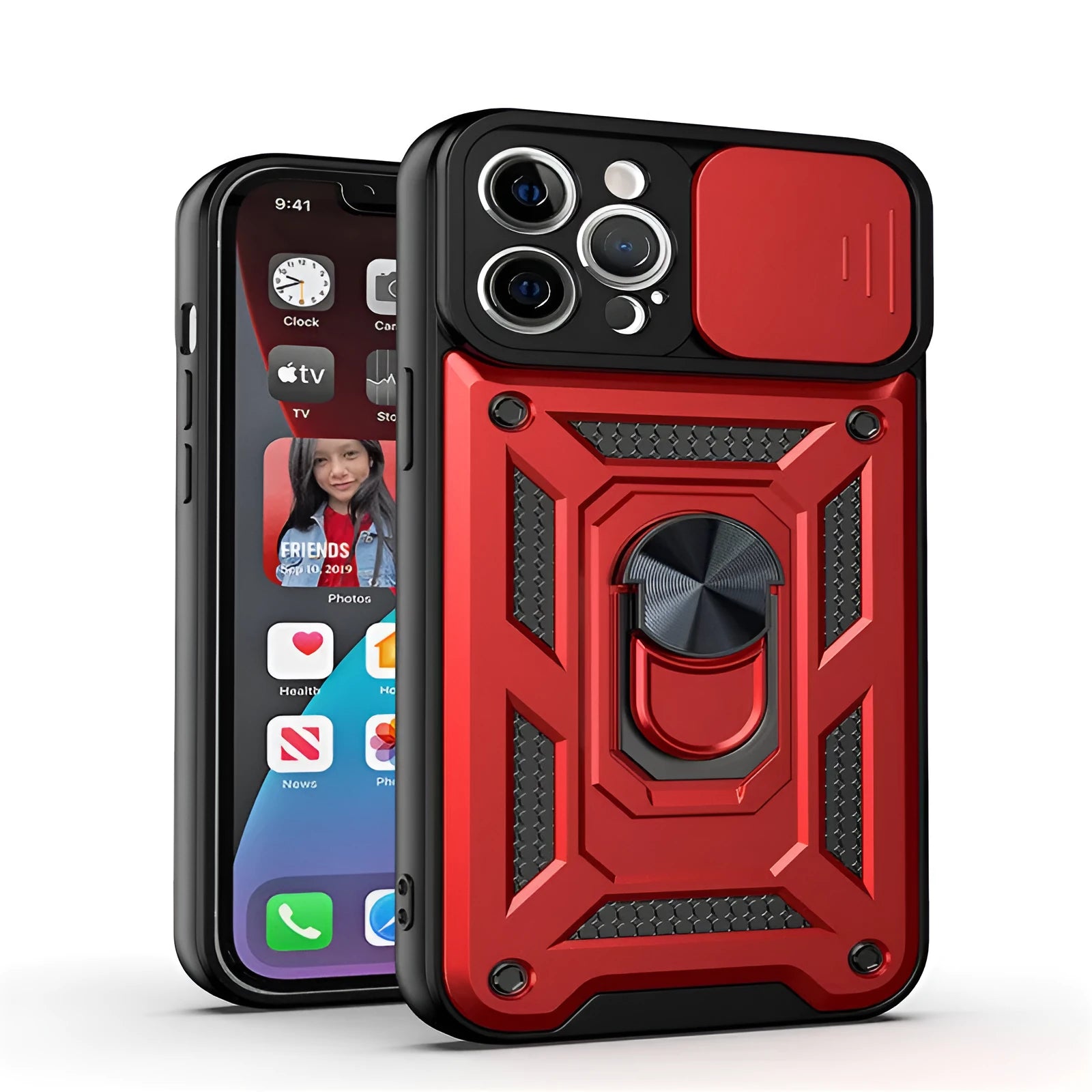 Sergeant sliding window mobile phone case with magnetic bracket in blue, shown on an iPhone.