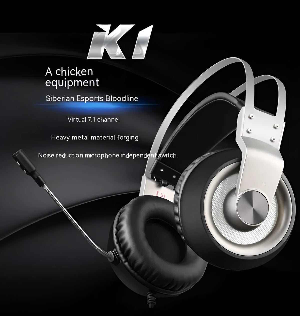 Head-mounted wired USB gaming headset in black with 50mm driver and microphone, 2.2m cable