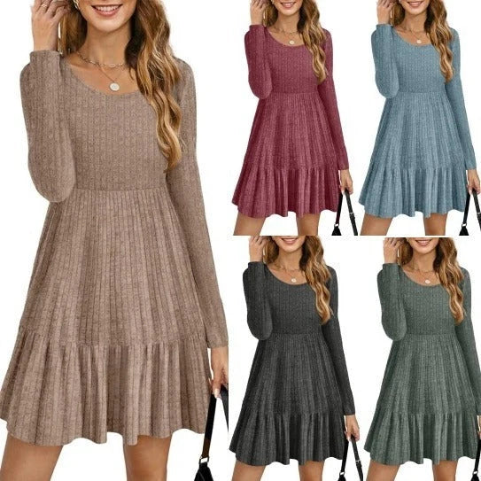 Solid colour round neck knitted dress sweater with long sleeves in various colours