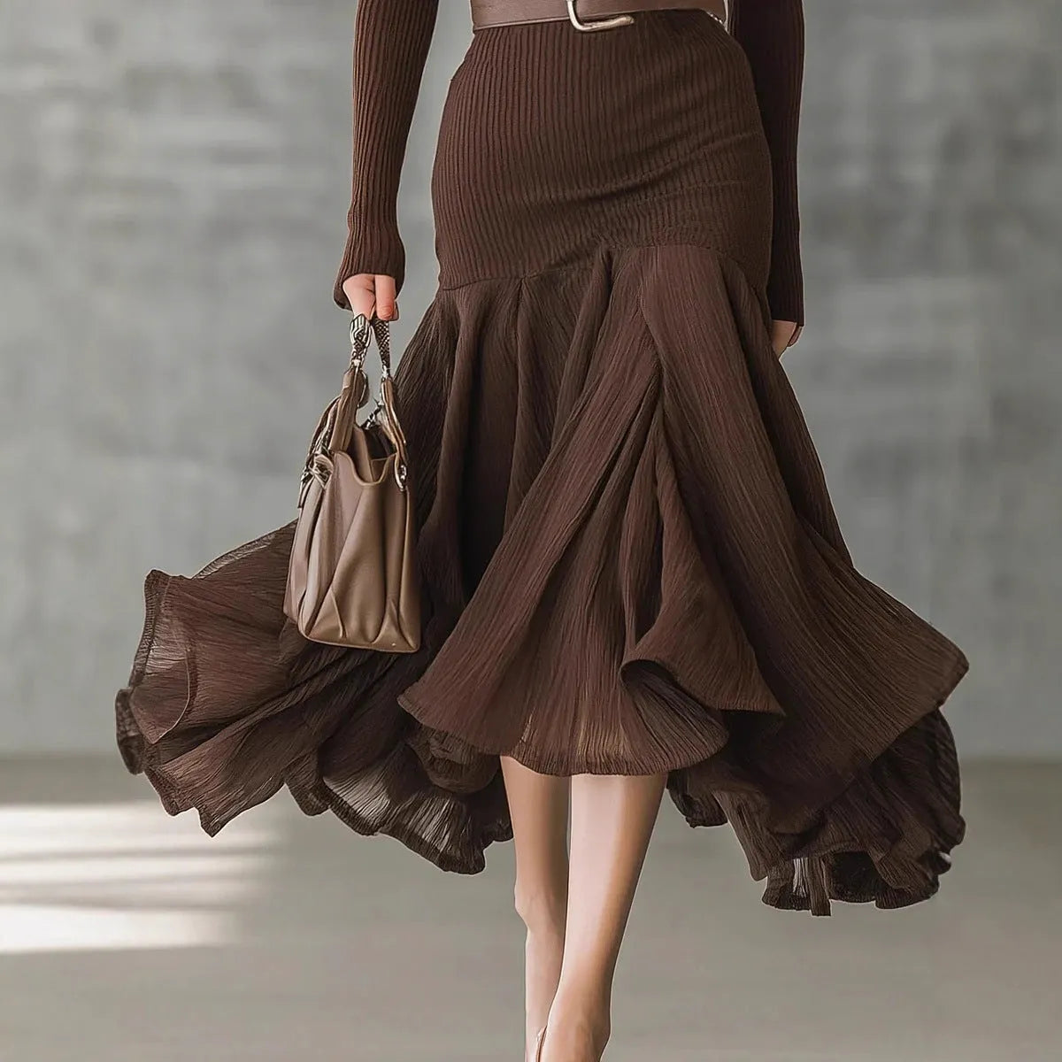 Stitching V-neck long-sleeve dress in dark brown with asymmetric long skirt and high waist