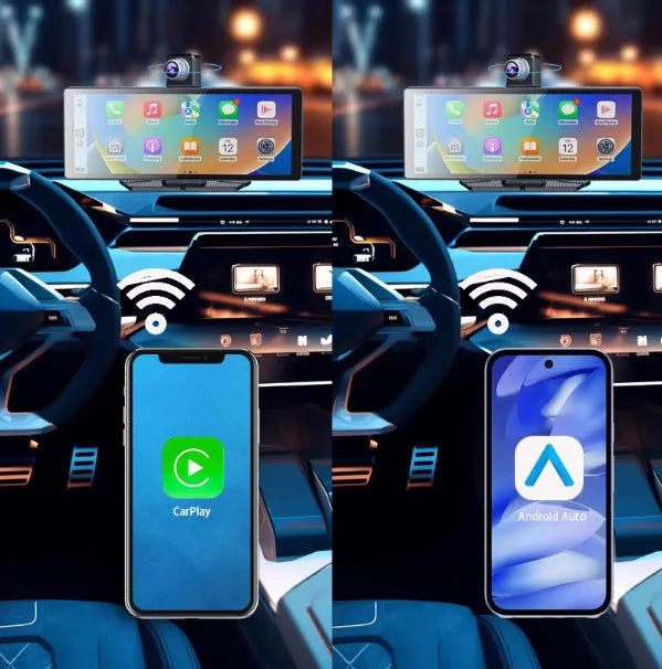360° panoramic dash cam touchscreen mounted on car centre console with front and rear recording view