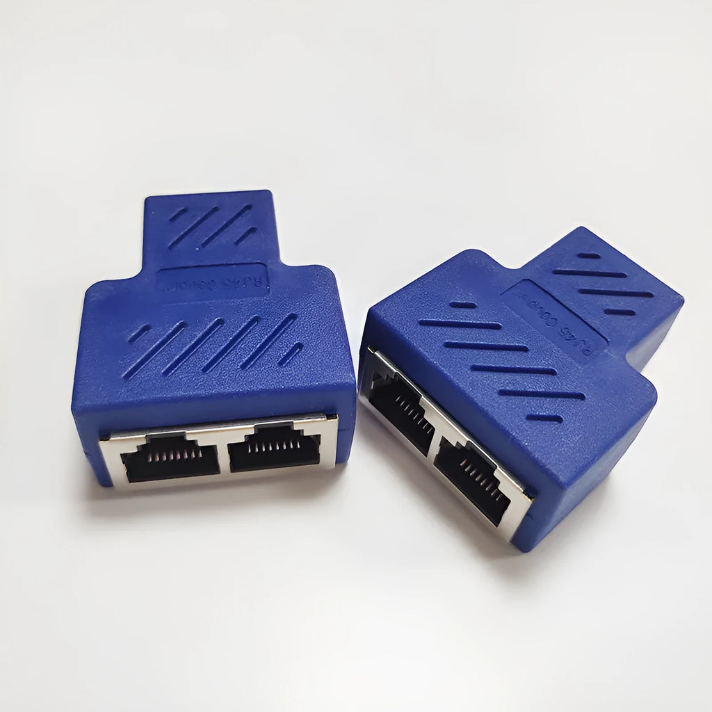 White RJ45 three-way network cable splitter adapter with one input and two output ports.