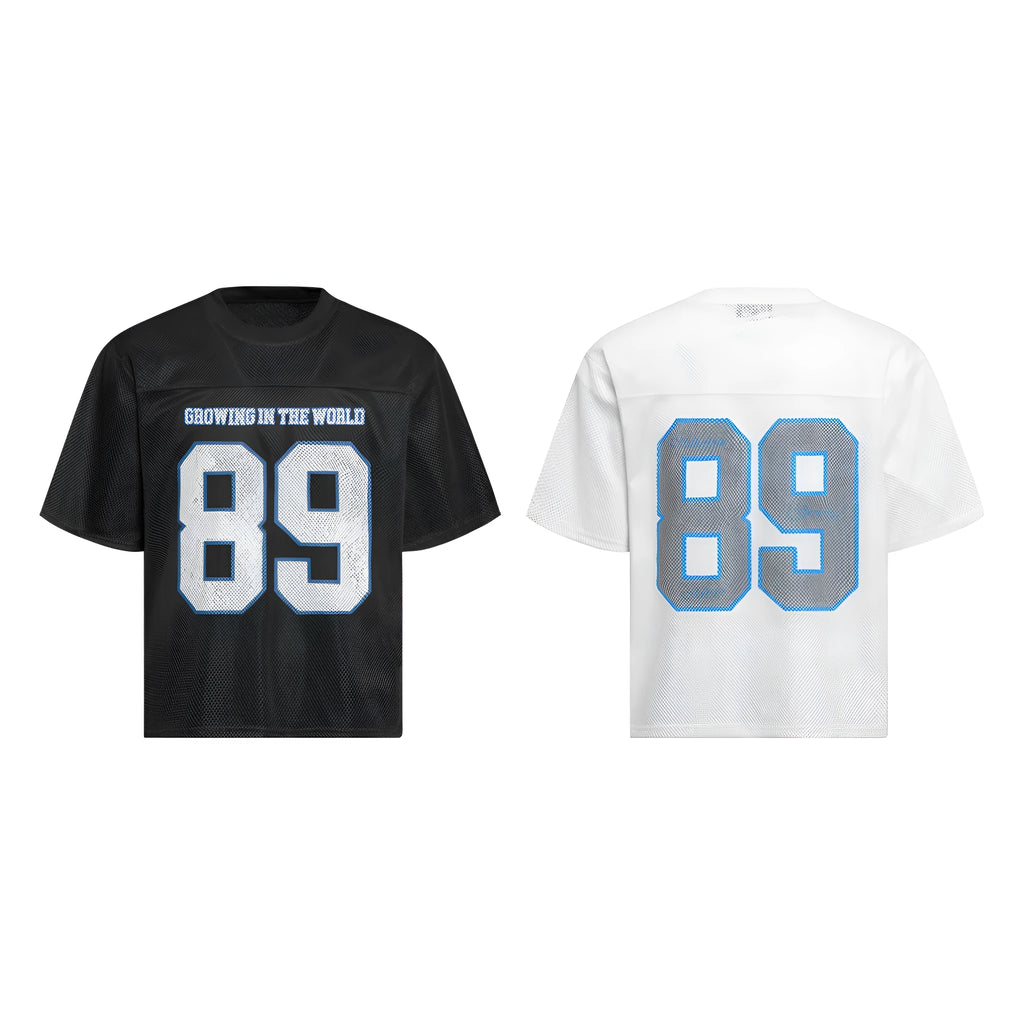 Men's black and white loose-fit alphanumeric print casual t-shirt on a hanger