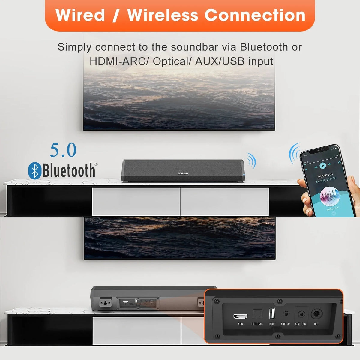 Black 40W wall soundbar with remote control and wall-mounting accessories on a white background