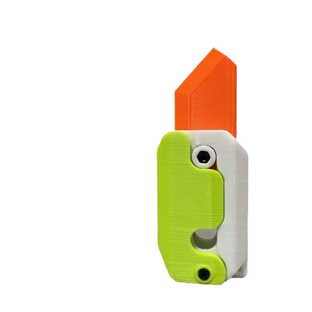 3D printed carrot gravity fidget knife in orange purple green colour, showing blade partly extended from sheath