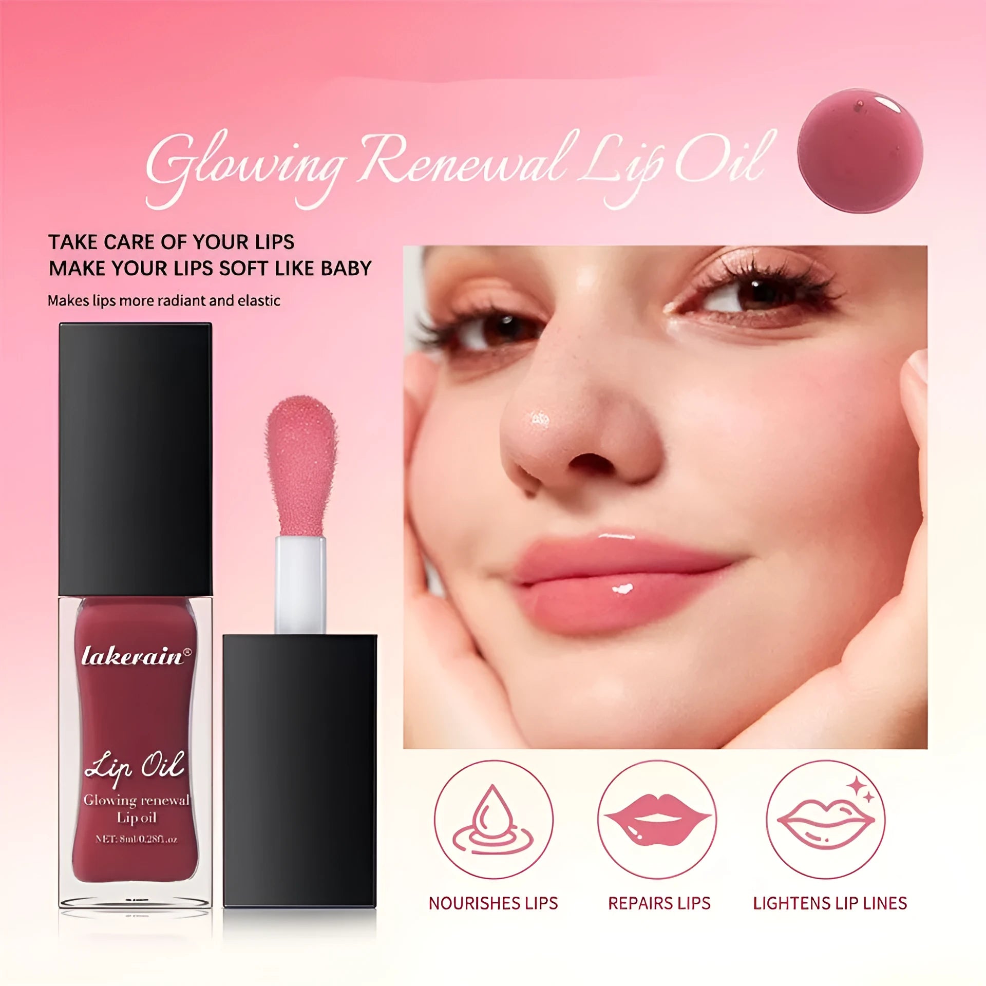 Lakerain colourful lip gloss tube in seven shade options with 8ml net content