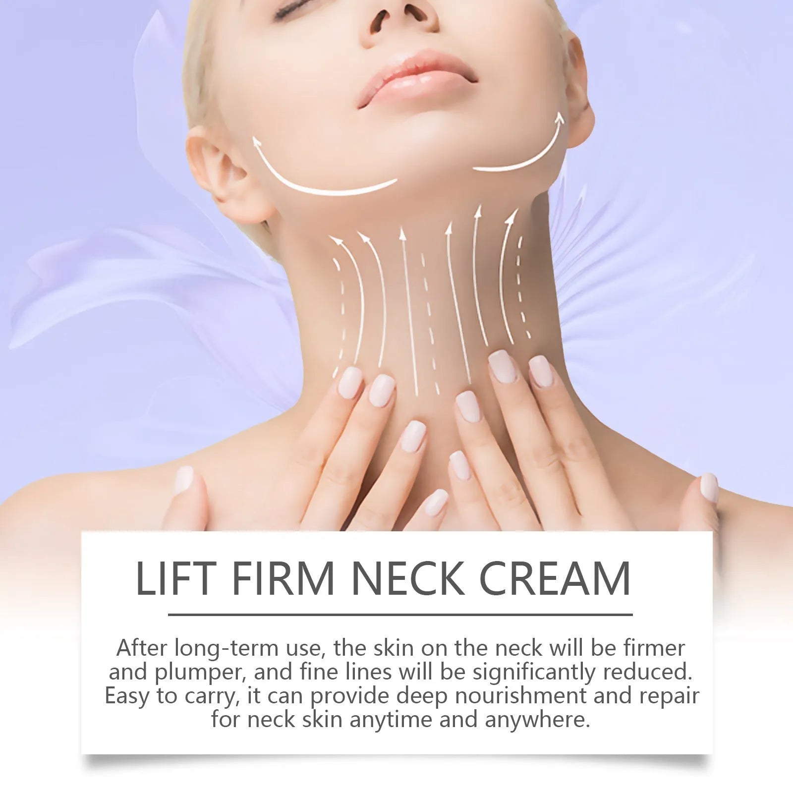 A 50g jar of neck skin cream for moisturising and firming, showing the compact 6x6x3.8 cm size.