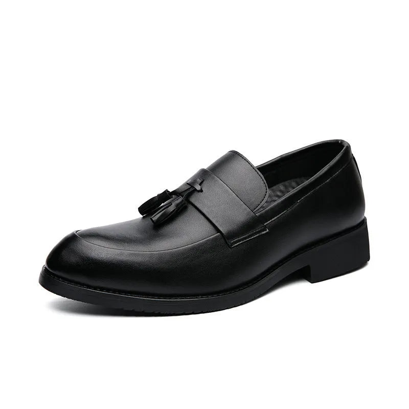 Men's black tassel slip-on business casual shoes with artificial PU upper and rubber sole
