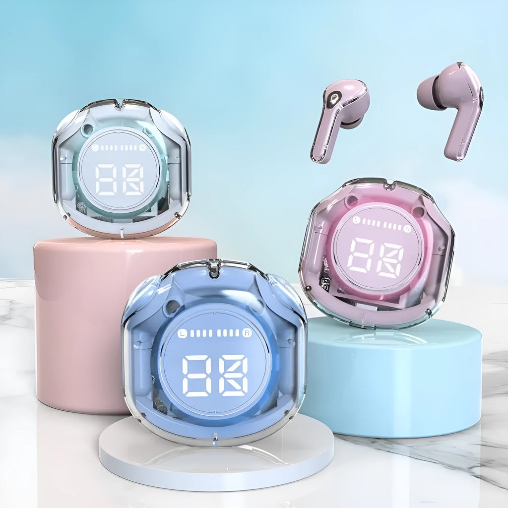 Transparent wireless Bluetooth in-ear headset shown in multiple colours against a plain background.