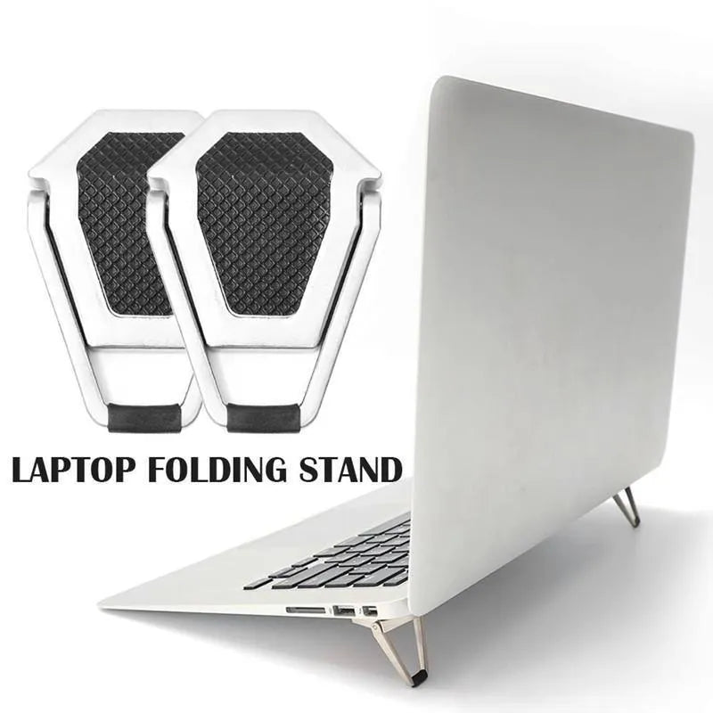 Foldable aluminium computer bracket shown in silver next to 3M adhesive strips for mounting