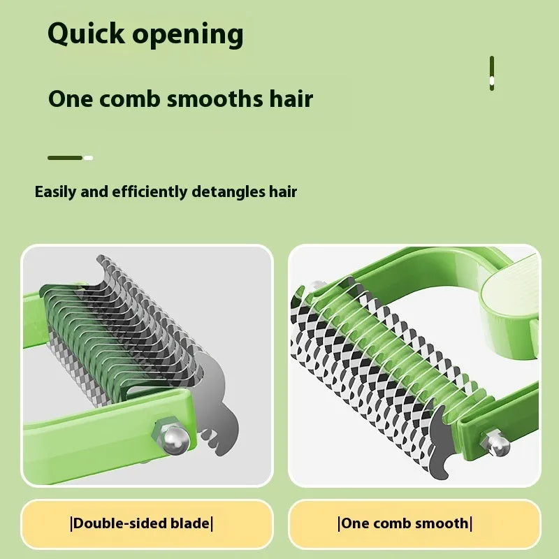 Green and grey dog detangling comb with stainless steel teeth on a polypropylene handle.