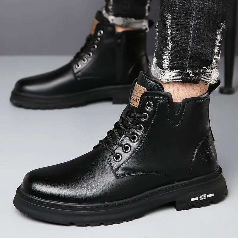 Men's black lace-up Martin boot with thick rubber sole and round toe on a neutral background.