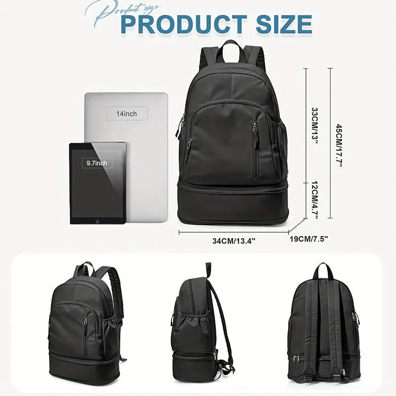 Waterproof 20-35L polyester backpack in black with adjustable curved shoulder straps