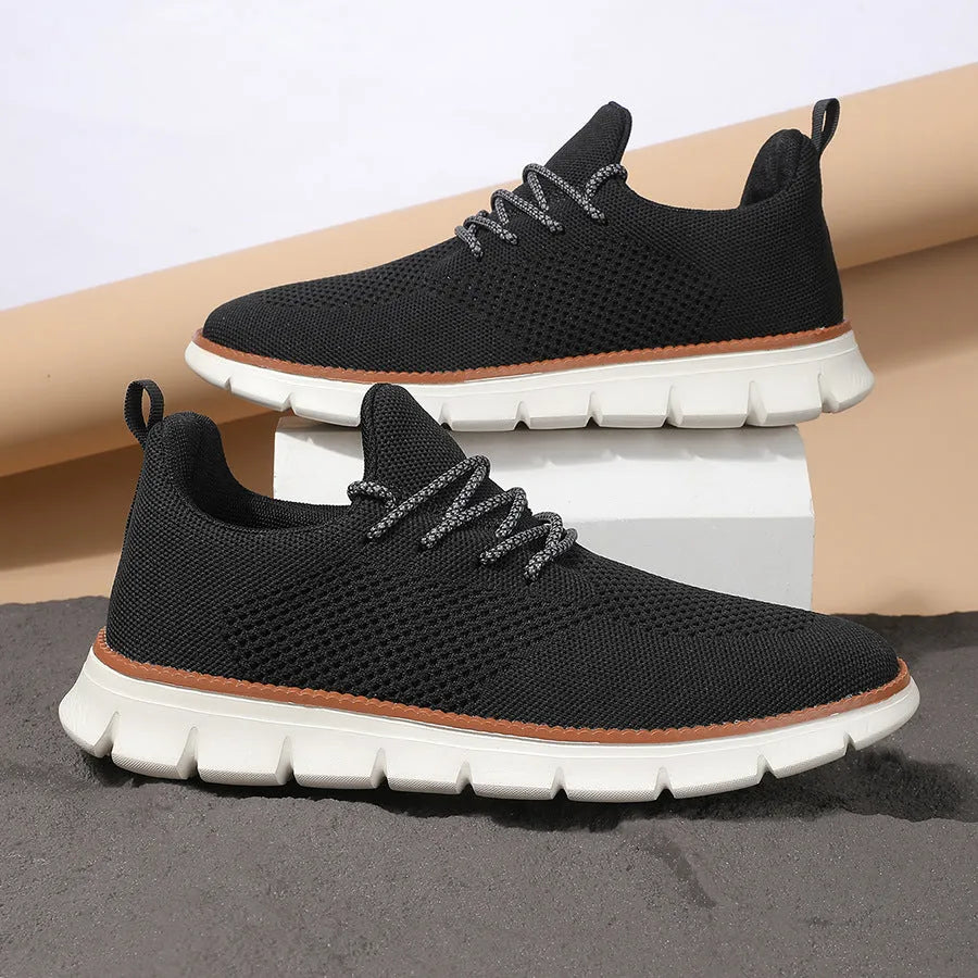 Men's grey and black mesh fabric casual sneakers with round toe and low heel