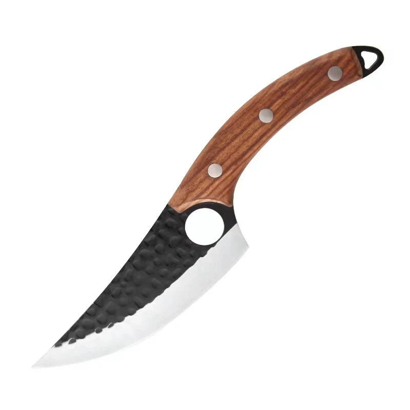 Hand hammered stainless steel boning knife with leather case