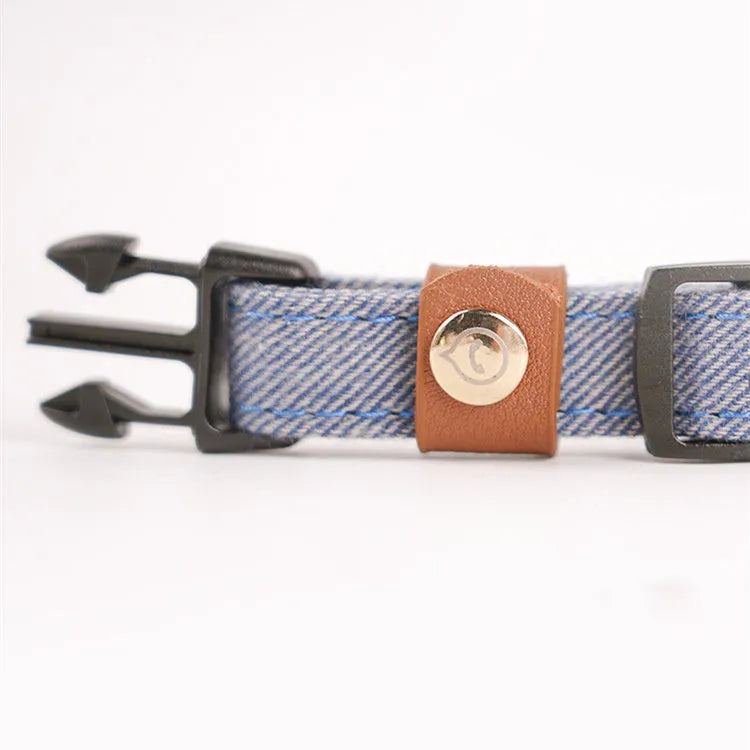 Adjustable mohair dog collar with nameplate and hand holding rope in cement gray