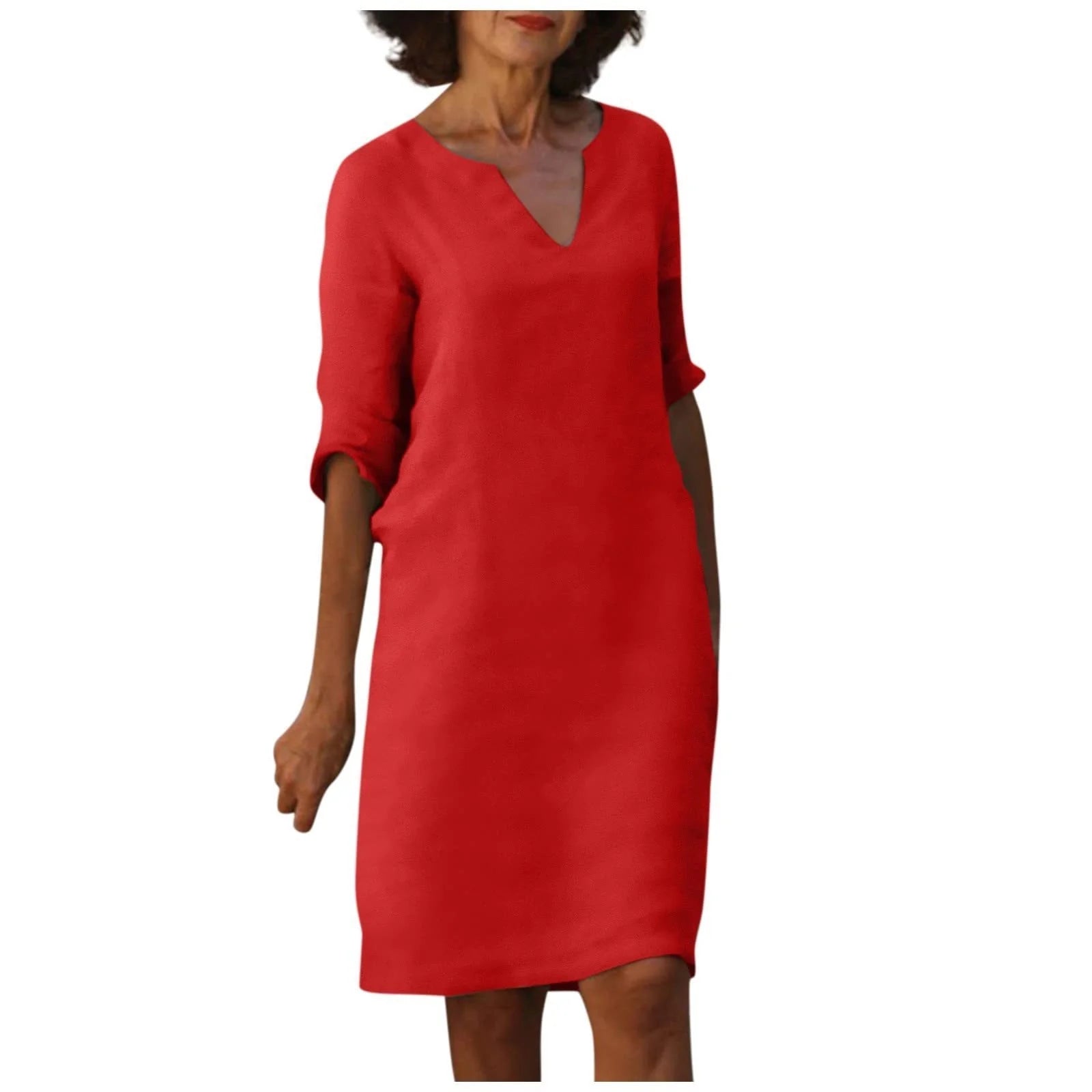 Cotton and linen V-neck dress with retro high waist design in various colours