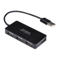 Black USB 2.0 4-port hub with cable and on/off switch on a desk