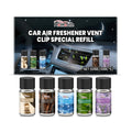 Pack of five small bottles of car air freshener liquid refill in different scents for vent clips.