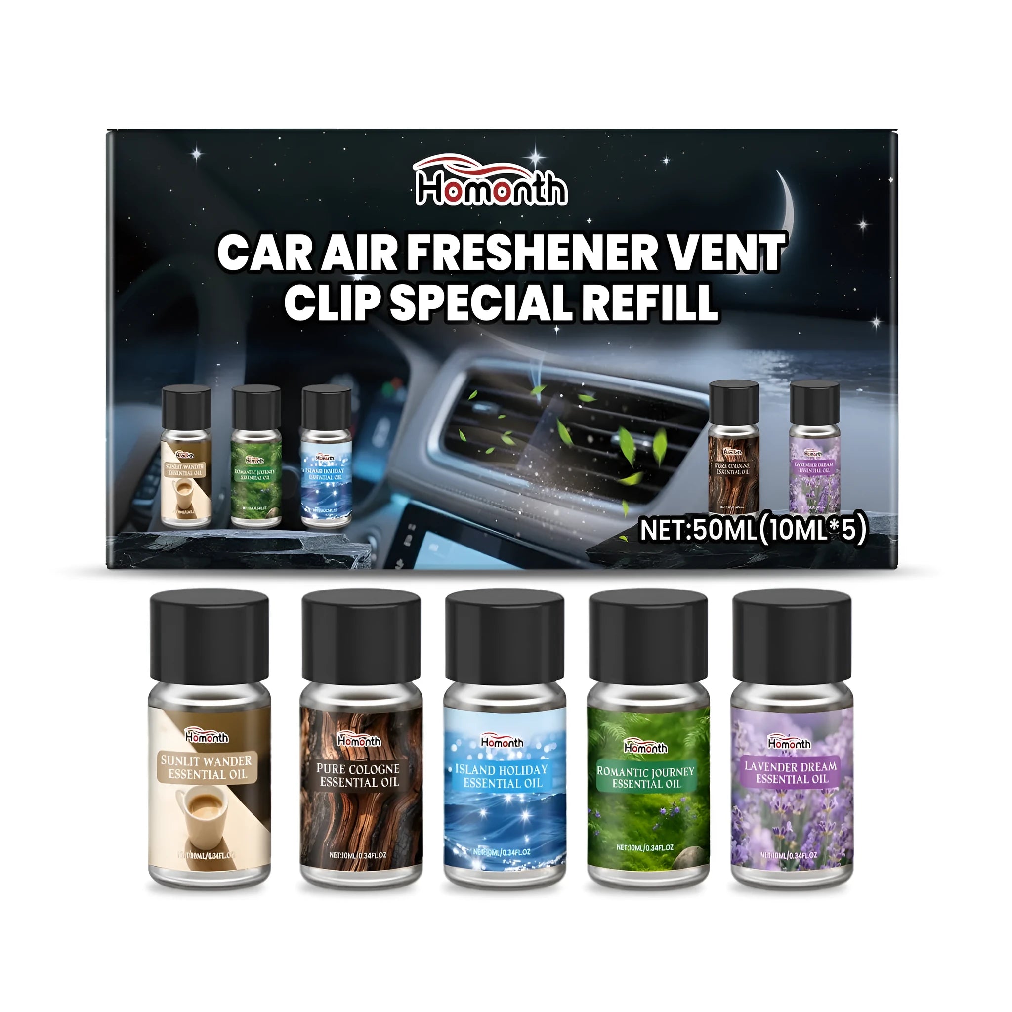Pack of five small bottles of car air freshener liquid refill in different scents for vent clips.